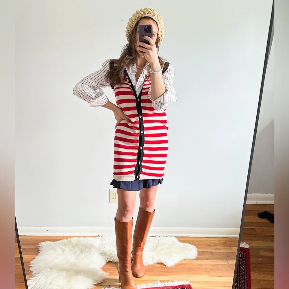 Sonia Rykiel Paris Red Cream Navy Stripe Knit Button Down Tunic Knit - Picture 5 of 6